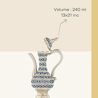 Steel Water Bottle Pitcher with Zirconia Stones | Handmade Metal Carafe Water Tea Coffee Jug Vintage Bottle | Turkish Ottoman Zamzam Pitchers (240 ML / 8.1 Oz, Evil Eye and Zirconia, Silver Color)