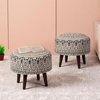 nestroots Set of 2 Wooden Ottoman Stools for Living Room | Printed Pouffes for Sitting, Foot Rest with 4 Wooden Legs | 14 Inch Height, Grey | Stylish & Comfortable Furniture for Home Décor