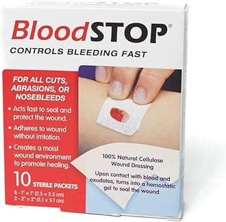 - BloodSTOP-Hemostatic Dressing: Controls Bleeding Fast, Natural, Plant-Based Wound Dressing, Cuts, Road Rash, Abrasions, Nosebleeds, Bleeding Control Kit, Stop The Bleed Kit - Safe for All Ages, 10 Ct