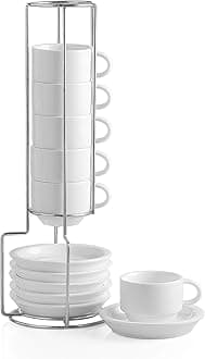Sweejar Porcelain Espresso Cup & Saucer Set, Stackable Demitasse Cups with Metal Stand, 2.5 OZ for Latte,Coffee,Cafe Mocha,Tea, Set of 6(White)