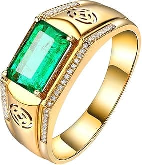 18K Yellow Gold Rings for Men, Dainty Rings for Men Created Emerald Moissanite / Zirconia Ring Wedding Band 925 Sterling Silver Rings for Men Wedding