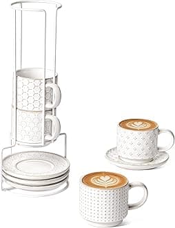 6 oz Stackable Cappuccino Cups with Saucers and Stand, Set of 4, Ceramic Coffee Cup Set for Flat White, Tea, Americano, Dishwasher & Microwave Safe - Embossed White