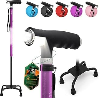 BeneCane Quad Cane Walking Cane with Two Led Lights with Big Base T Handle＆Lightweight Adjustable Walking Stick Four Pronged Sturdy for Men and Women