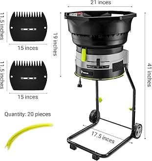 Electric Leaf Mulcher/Shredder: DEKOPRO 15-Amp 8200RPM Motor for 17:1 Reduction Ratio, Adjustable Control Dia with Leaf Scoops Spade and 20 Cutting Lines