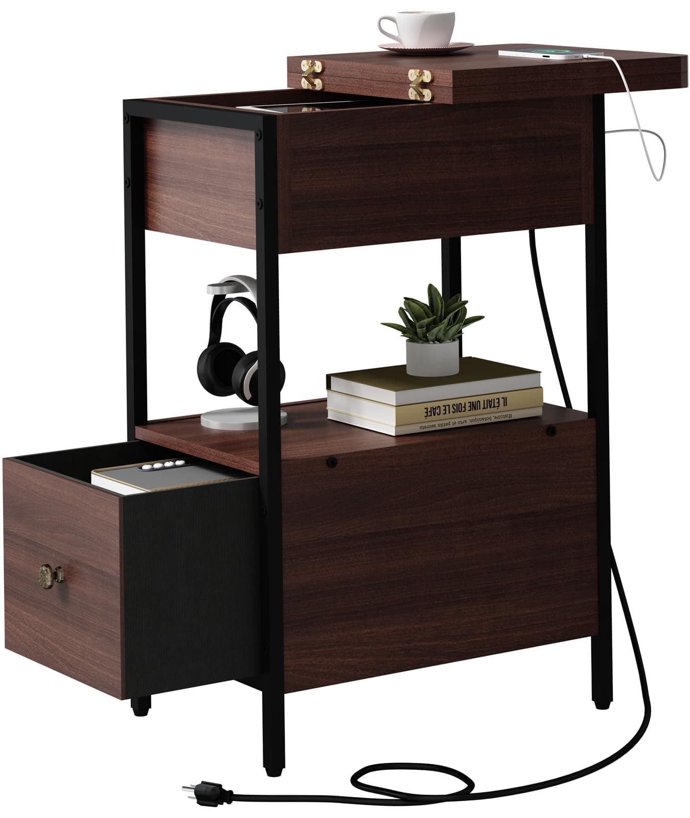 - SOOWERY End Table with Charging Station, Narrow Side Table with Flip Top Cabinet and Fabric Drawer, Nightstand Bedside Tables for Small Spaces, Bedroom, Living Room, Dark Cherry