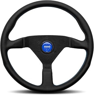 MOMO Motorsport Montecarlo Street Steering Wheel, Black Leather Grip, Brushed Black Anodized Spokes Finish, Blue Stitching, 350mm - MCL35BK6B