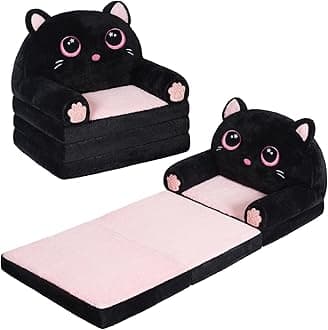 QIUODO Kids Couch Fold Out, Velvet 2-in-1 Flip Open Couch for Toddlers, Comfy Toddler Chair for Reading and Napping, for Boys and Girls (Black & Pink Kitty)