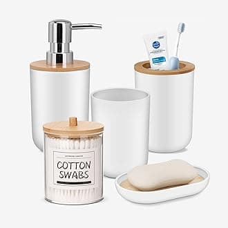 IMAVO White Bathroom Accessories Set,5 Piece Bathroom Gift Set,Toothbrush Holder,Toothbrush Cup,Soap Dispenser,Soap Dish and Q-tip Holder