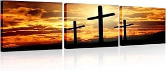 TUMOVO Christian Poster Print on Canvas Three Cross at Sunset HD Wall Decor Jesus Wall Art 3 Panels Pictures for Bedroom Home Decor Stretched and Framed Ready to Hang (14x20 inch x3)