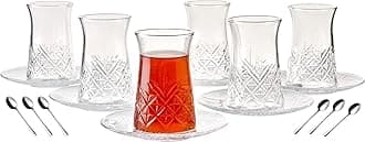18 pieces Turkish Tea Glasses and Saucers with spoons, Tea Cup & Saucer Set of Turkish Tea Cup Set, 6 Cups,6 Plates & 6 spoons Perfect for Tea Party, Gifts, Weddings, Aniversary (Royalti ART)