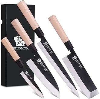 WILDMOK Set of 4 GYUTO Sushi Chef Knives-Yanagiba-Deba-Nakiri-Utility Kitchen Knife, Fish Slicing Filleting Knife Sets with German Steel Blade & Traditional Wooden Handle