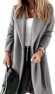 Womens Classic Coat Lapel Collar Open Front Belted Long Jacket