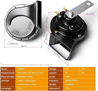 FARBIN Waterproof Auto Horn 12V Car Horn Loud Dual-Tone Electric Snail Horns Kit with Relay Harness and Switch Button,Universal for Any 12V Vehicles (Snail horn with harness and button, 12v)