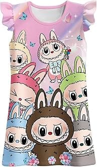 JUMOFGirls Cute Cartoon Gown Dress Flutter Sleeves Kids Round Neck Party Wear Oufits