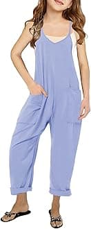 Girls' Casual Sleeveless Jumpsuits Spaghetti Strap Loose Romper Long Pants with Pockets