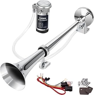12V 150db Air Horn kit, Super Loud 18 Inches Chrome Zinc Single Trumpet Truck Horn, Train Horn with Compressor for Any 12V Vehicles