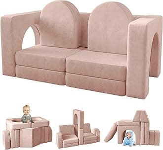 wanan Kids Couch 10PCS, Modular Kids Play Couch for Playroom Bedroom, 10 in 1 Multifunctional Kid Sofa for Playing, Creativing, Sleeping, Indoor Toddler Couches for Boys and Girls(Pink)
