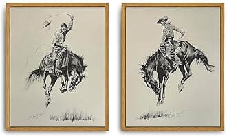 Roslynity Framed Canvas Wall Art Vintage Prints Set of 2 Western Cowboy Sketch Mid Century Antique Paintings Retro Aesthetic Artwork for Home Living Room Bathroom Bedroom Wall Decor (8"x10")
