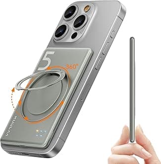 Kuulaa 5000mAh Magnetic Power Bank for iPhone 0.41in Slim Magsafe Battery Pack Wireless Portable Charger with Rotable Stand 20W PD USB C Output for iPhone 17/16/15/14/13/12 Series (Titanium)