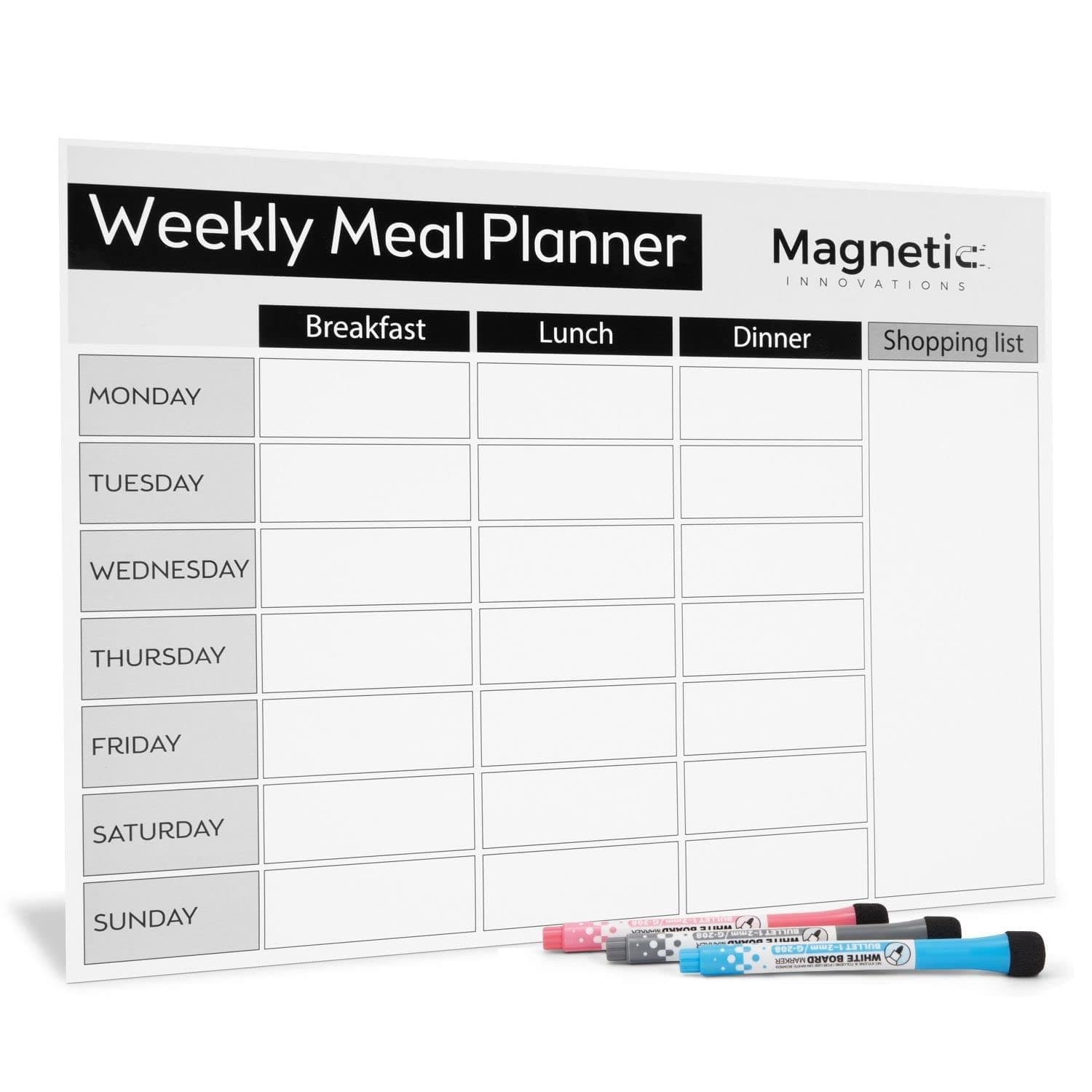 – Large A3 Fridge Meal Planner Board, Ideal as a Weekly Family Diet Planner, Food Shopping List, Menu Board, Includes 3 Dry Wipe Markers