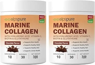 Alpspure Nutra Marine Collagen/Fish Collagen Powder (Pack of 2-300 G Each) with Hyaluronic acid, Vit C, Biotin & Glutathione | Supports Healthy Skin, Hair, Nails & Joints | Chocolate Flavour