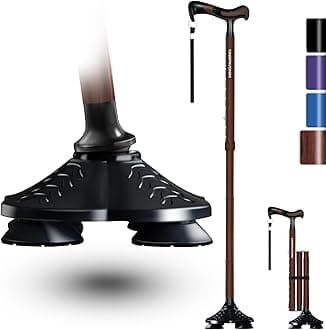 KingPavonini Walking Cane for Men Women Stability, Free Standing Foldable Cane, Ergonomic Handle Pivoting Quad Base, Heavy Duty 350 LBs, Adjustable Walking Canes for Seniors Balance with Travel Bag