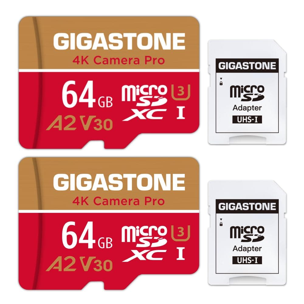 Gigastone 64GB Memory Card 2 Pack 4K Pro Camera Compatible with GoPro Switch Speed 95MB/s A2 U3 V30 Micro SDXC Card with SD Adapter