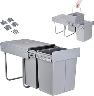 Pull Out Kitchen Waste Bin Under Cabinet 20L + 20L Recycling Kitchen Cabinet Trash Can with Lid and Handle Waste Containers with Double Sliding Trash Can Rubbish Garbage Sorting Gray