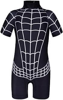 URAQT Boys Swimming Costume, Kids One Piece Short Sleeve Swimwear with Swimming Cap, Kids Cartoon UV Protection Swimsuit Child Rash Guard Bathing Suit, Kids Swim Set for 3-9 Years