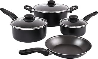 7-Piece Non Stick Pots and Pans Set, Aluminum Cookware Set Black - Oven Safe, Induction Compatible Kitchen Pots & Pans