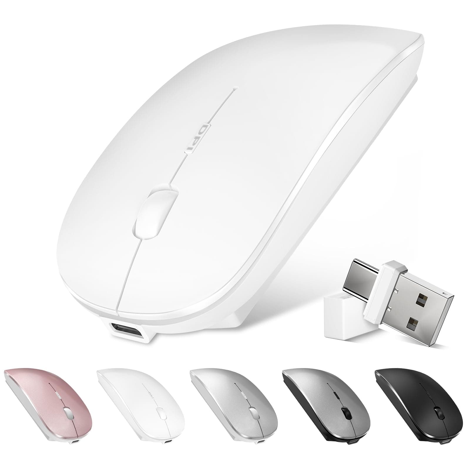 NormdecosBluetooth Wireless Mouse for MacBook Air Mac Pro Laptop Computer iPad Pad PC Optical Rechargeable Silent Mouse with Dual Mode Switch, Bluetooth 5.2/3.0 and 2.4GHz USB Type-C Receiver (White)