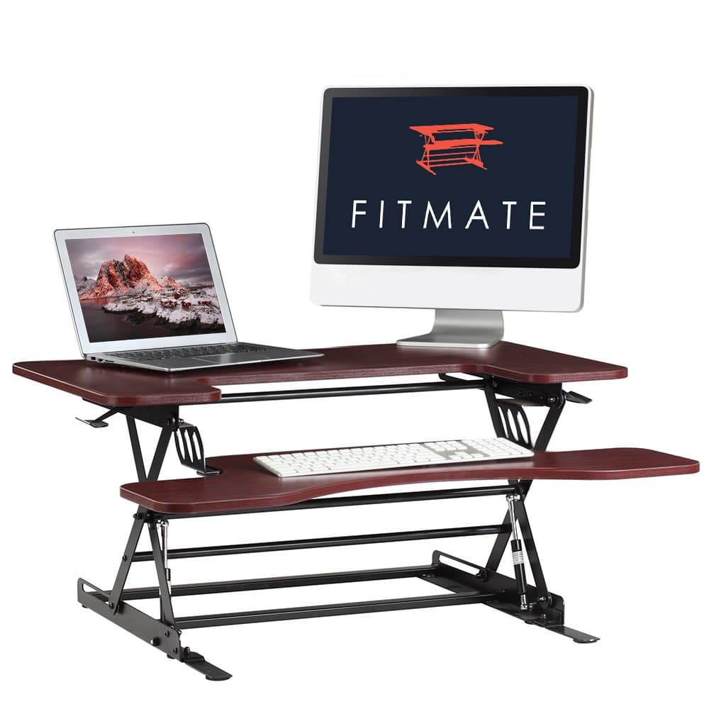 Fitmate Standing Desk - 36" Height Adjustable Stand Up Desk Computer Riser, Sit Stand Desk Elevating Desktop Fits Two Monitors (Cherry)