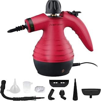 Handheld Pressurized Steam Cleaner - Multipurpose Steamer with 9-Piece Accessory Kit for Stain Removal, Upholstery, Curtains, Car Seats, Carpets, Floors, and Windows (Red)
