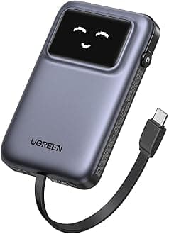 UGREEN Uno Power Bank with Built-in USB-C Cable 10,000mAh Portable Charger PD 30W Fast Charging Battery Pack 3-Way Output with TFT Display for iPhone 17/16 Series, Galaxy S21-25, Pad Pro, AirPods, etc