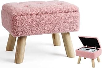 Storage Ottoman, Small Foot Stool Ottoman with Storage, Boucle Teddy Velvet Foot Rest with Padded Seat, Sturdy Wood Legs Stool for Living Room, Bedroom, Couch, Enterway (Pink)