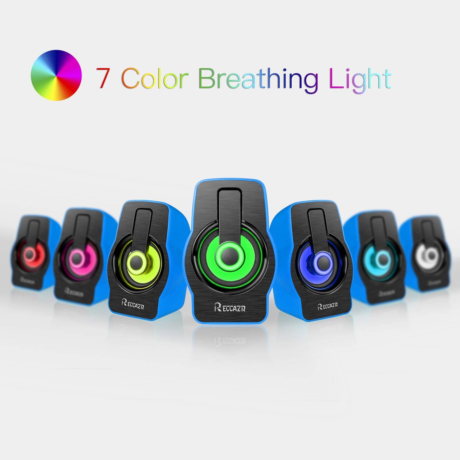 Night Light Computer Speakers,Reccazr 2070 USB-Powered PC Multimedia External Speakers with 7 colors Breathing Lighting |Blue