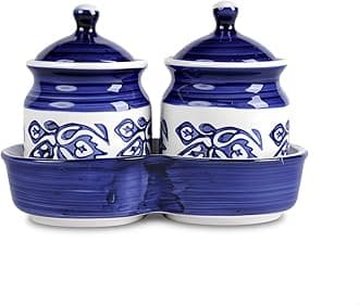 Kraftlik Handicrafts Ceramic Jars with Lid and Holding Tray | Multipurpose Barni for Chutney, Pickle, Spice, Jam, Tea, Sugar, Coffe & Ketchup | Storage Container (Set of2)