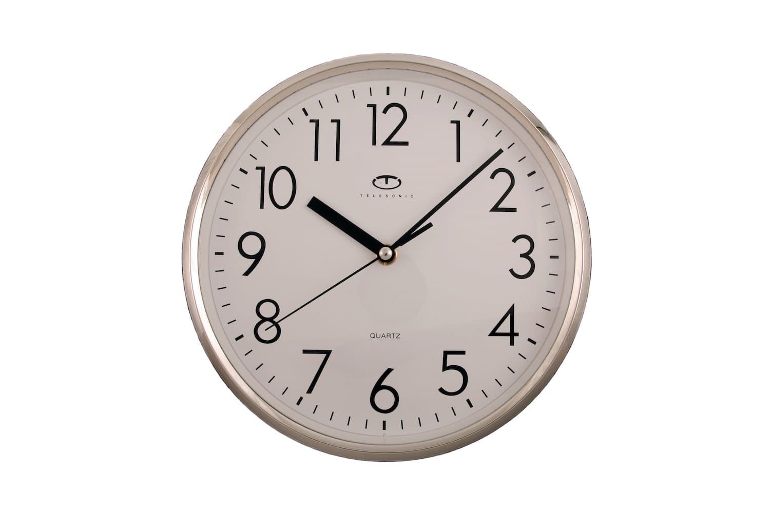 Telesonic Silver Quartz Wall Clock w/Quiet Sweep Second Hand - 10 Inch Round
