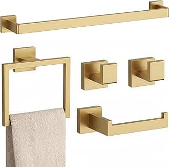 5-Piece Brushed Gold Bathroom Accessories Set – 23.6" Towel Bar, Towel Ring, Toilet Paper Holder & Hooks, Wall Mounted Bathroom Hardware, Rust & Corrosion-Resistant, Ideal for Modern Bathrooms