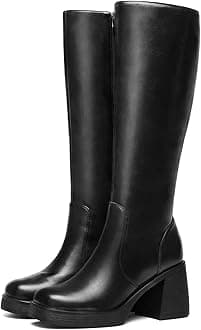 Black Knee High Boots for Women - Platform Tall Boots Square Toe Chunky Block Heeled Gogo Boots B 8