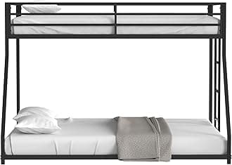 ROOMTEC Bunk Bed Twin Over Full,Metal Bunkbeds Bed Frame with Side Ladder&Non-Marring Foot Pads for Kids Boys Girls Kids Teens Adults,Reinforced Guardrails,No Box Spring Needed