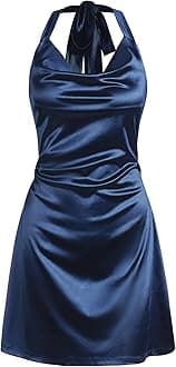 Women Halterneck Satin Mini Dress Sexy Cowl Neck Silky Party Cocktail Club Dress