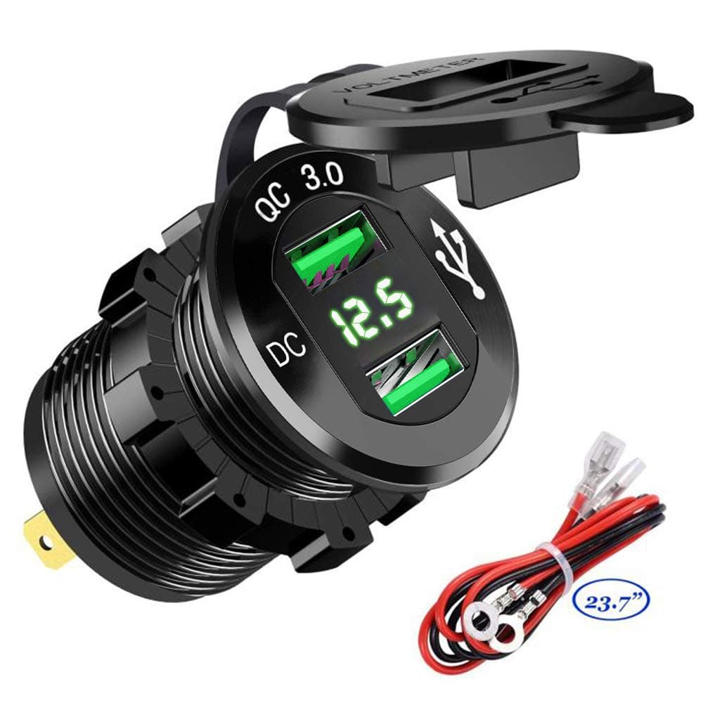 Quick Charge 3.0 Dual USB Car Charger Socket 12V/24V 36W QC3.0 Dual USB Fast Charger Aluminum Socket Power Outlet with LED Voltmeter for Marine, Boat, Motorcycle (Green)