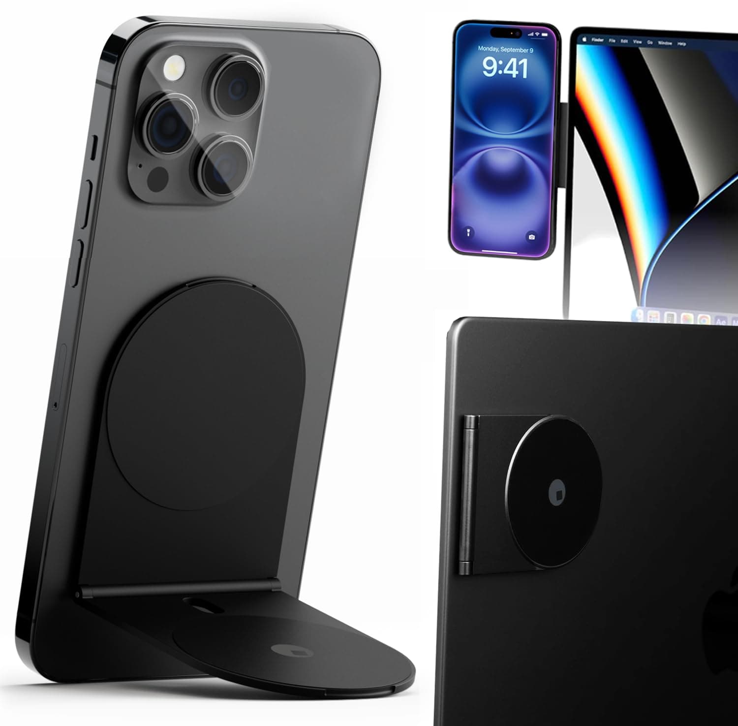 Rolling Square Edge Pro Core - Magnetic Mount Phone Holder Stand for Computers and Tablets | Secure Metal Plate Adhesive or Standalone Mode Compatible with MagSafe, Qi, and Non-MagSafe Devices, Black