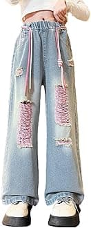 NABER Kids Girls Elastic Waist Cool Ripped Jeans Washed Denim Wide Leg Ripped Denim Jean Age 5-15 Years