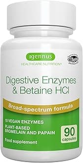 Igennus Fast Action Digestive Enzymes & Betaine HCl, 10 Vegan Enzymes with Lactase & Lipase, Clean Ingredients, Plant-Based Bromelain & Papain, for Women and Men's Gut Health, 90 Capsules