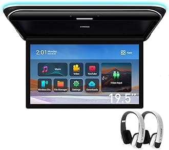 XTRONS Android Car Overhead Player 19.5 Inch Wide IPS Screen 8K Video Car Roof Mount Monitor Built-in Stereo Speakers Flip Down Overhead Car Monitor Support HDMI, USB, 2 White IR Headphones Included