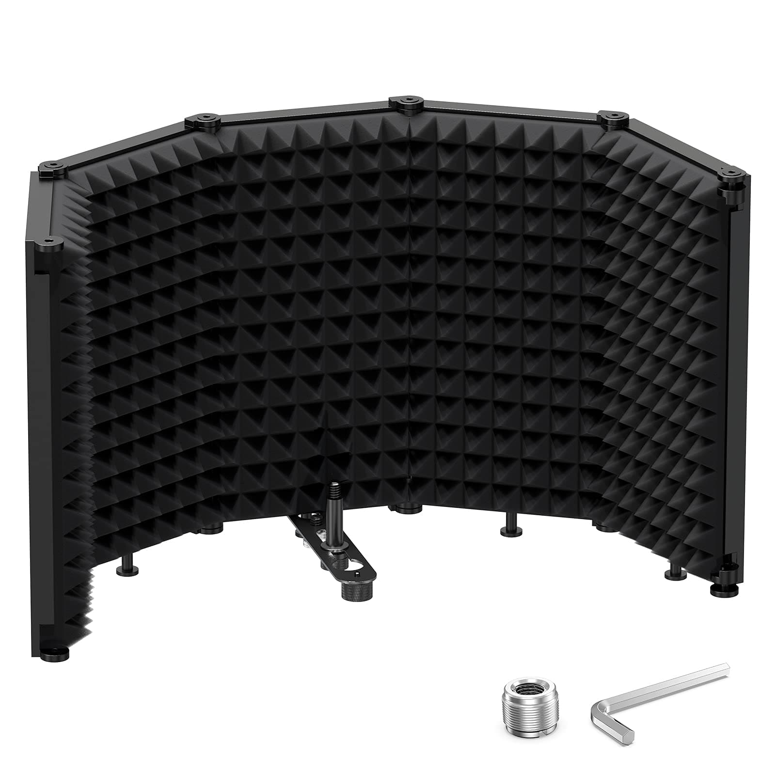 Moukey Microphone Isolation Shield Foldable 5 Panels with Triple Sound Insulation, Reflection Filter with 3/8" and 5/8" Mic Threaded Mount for Recording, Podcasts, Singing, and Broadcasting