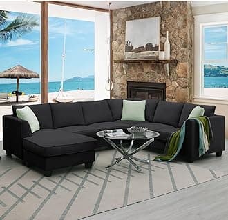 UBGO Funiture Living Room Set,Modern Modular Sofas & Couches,L Shape Sofa or U-Shape Couch,7 Seats Modular Sectional Sofa with Ottoman,112 * 87" Corner Couch Set with 3 Pillows,Black