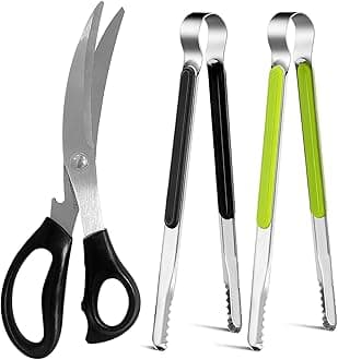 Kitchen Scissors. Korean Barbecue Scissors and Tongs Set, Kitchen Shears and Tongs for Cutting Meat, Chicken, Vegetables, Stainless Steel Multipurpose Non-slip Serrated Sharp BBQ Scissors BBQ Tongs